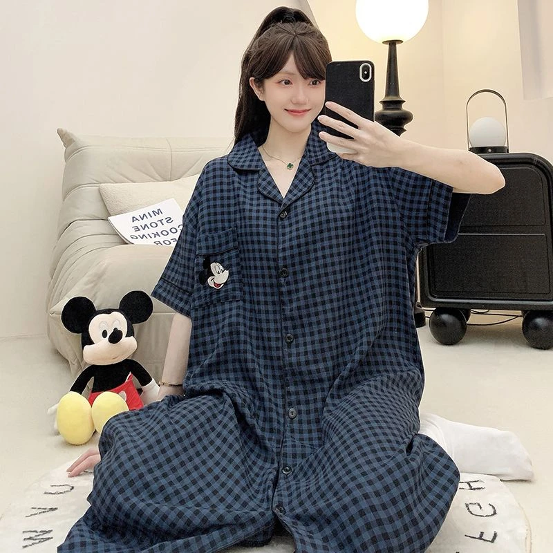 200斤大码衬衫睡裙女春秋款ins风网红可爱卡通宽松过膝睡衣家居服