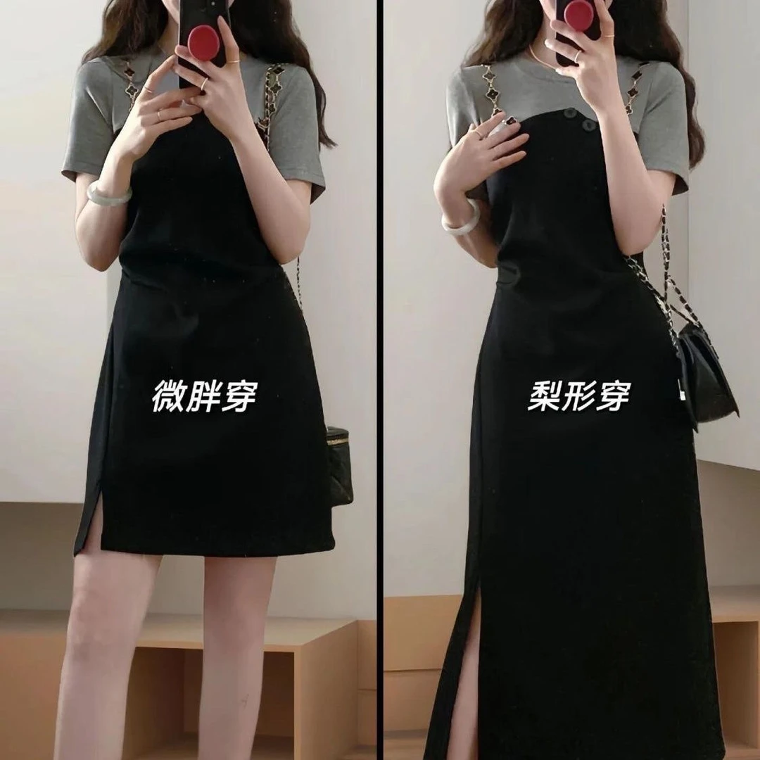 假两件收腰连衣裙女夏季新款微胖mm大码拼接设计感收腰显瘦小黑裙