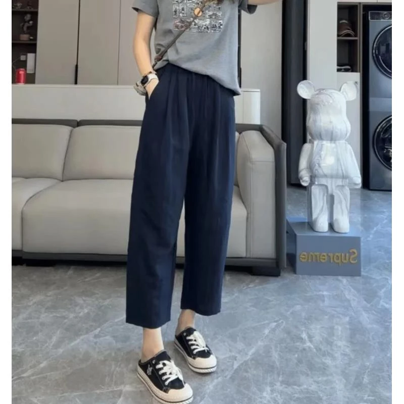 透气夏薄款阔腿裤口袋休闲裤夏款亚麻直筒裤九分裤