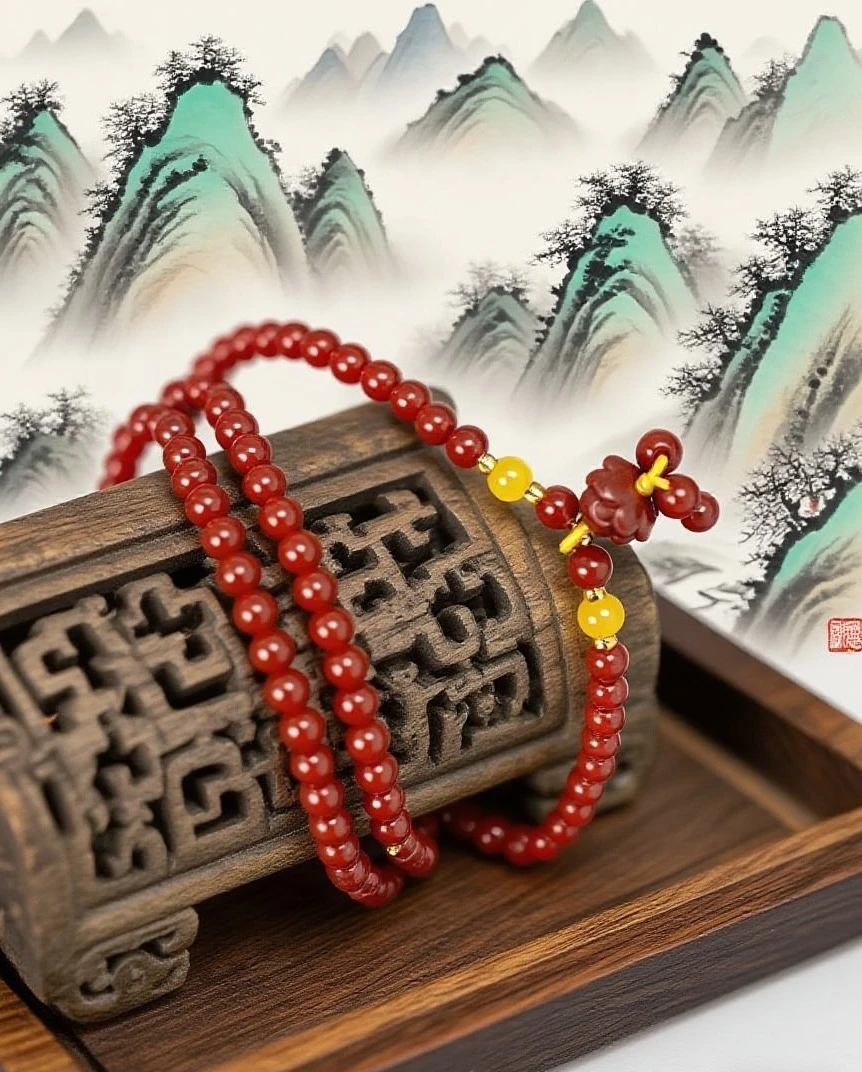 天然辰砂QL205天然朱砂莲花精品手串（无礼盒）
