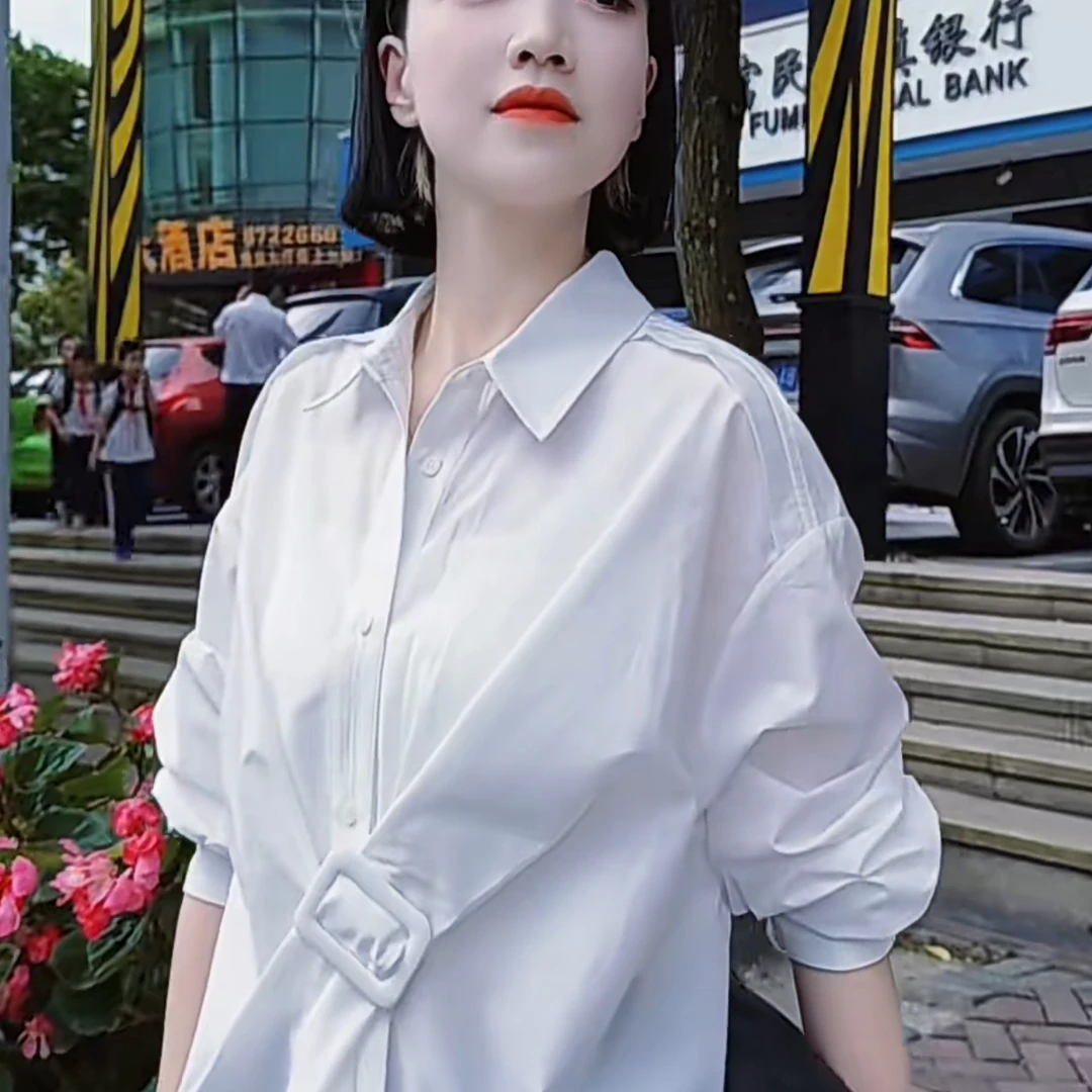 秋季小众设计感通勤法式白色宽松不对称下摆长袖衬衫