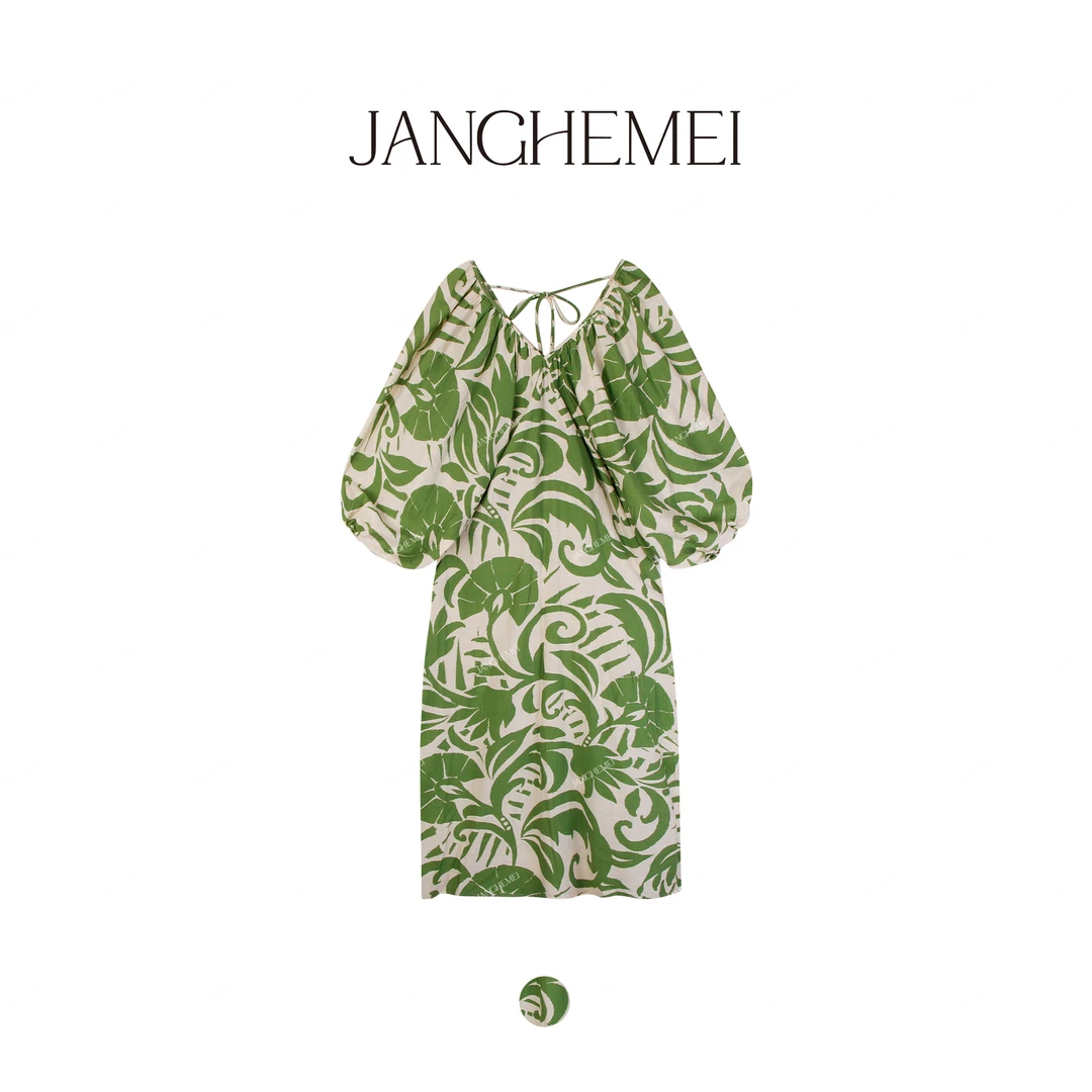JANGHEMEI【西西里】法式度假风碎花灯笼袖气质连衣裙 L34207M52