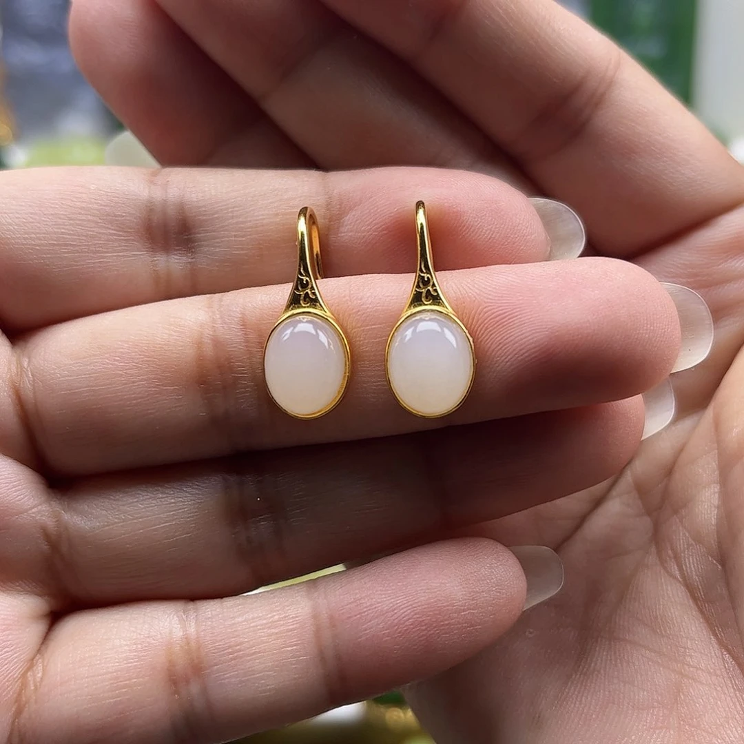 和田玉银S925镶嵌耳饰