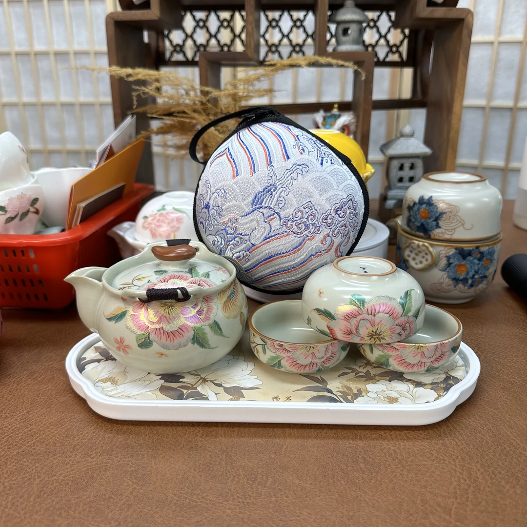 汝窑茶具轻奢茶具牡丹花手抓壶主人杯户外便捷式旅行茶具防烫多人