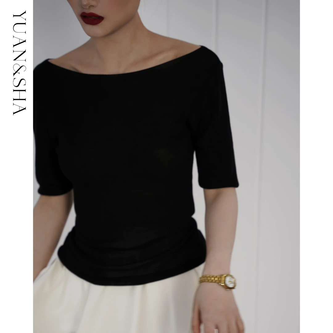 元沙【欧洲站】一字领显瘦纯色针织打底衫黑色小众高级百搭气质上衣