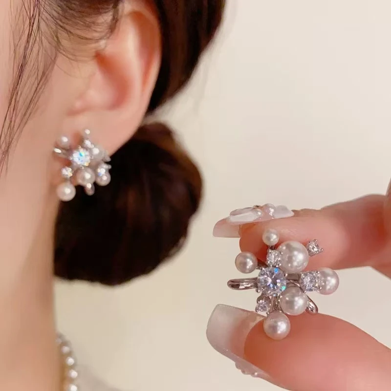 铜合金锆石耳饰 璀璨星河满钻珠珠烟花耳钉轻奢高级感小众