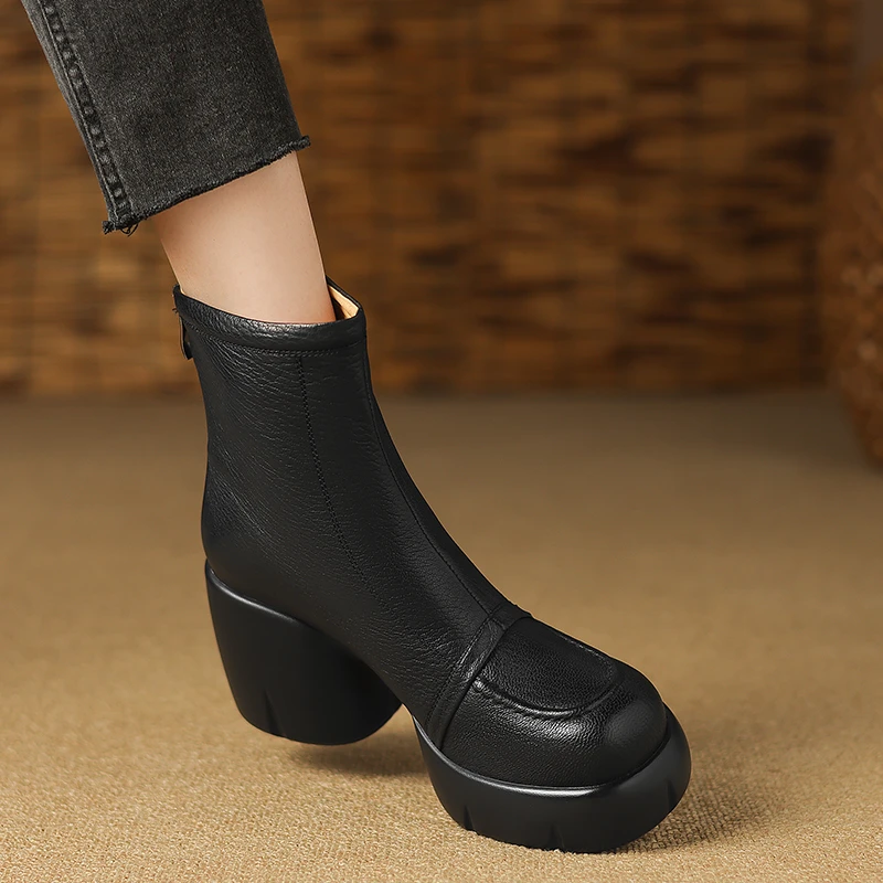 8.5cm通勤粗跟厚底短靴女秋冬防水台小个子高跟马丁靴软羊皮靴子