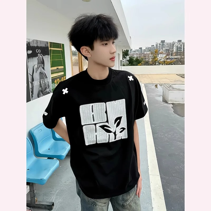 美式重工刺绣休闲短袖T恤半袖ins男女潮牌夏季新款宽松情侣上衣