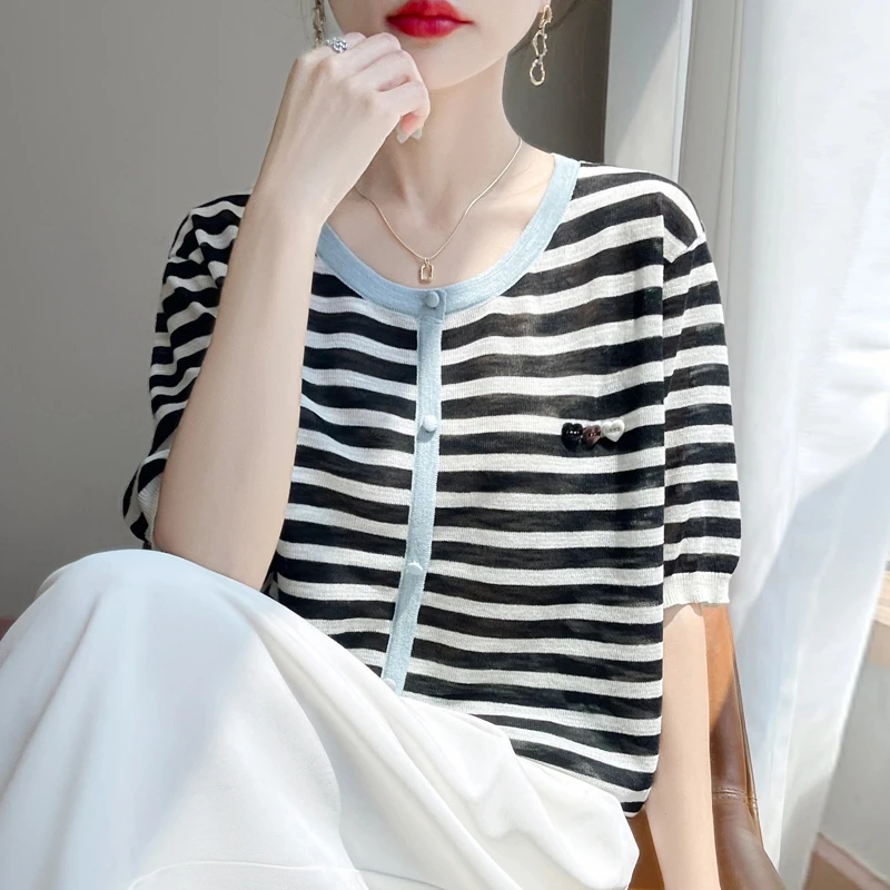 撞色薄款短袖针织衫T恤女装夏季2025新款宽松设计感爆款上衣547