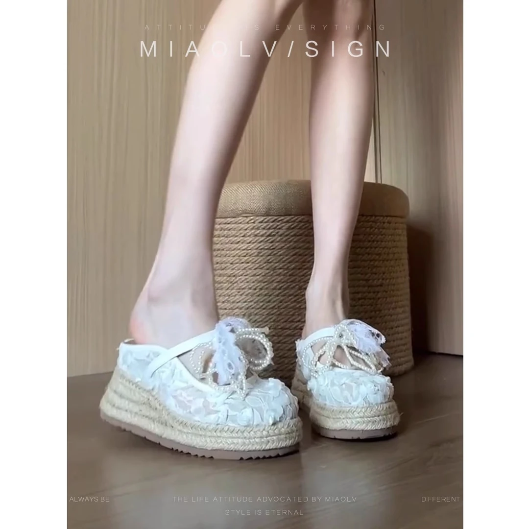 「妙侣」路丝同款~珍珠蕾丝透气网纱夏季一脚蹬厚底凉拖鞋女外穿
