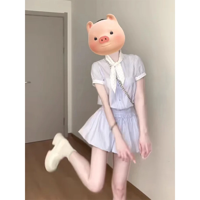 春游出行衣服条纹假两件设计感连衣裙韩版气质百搭收腰显瘦短裙子