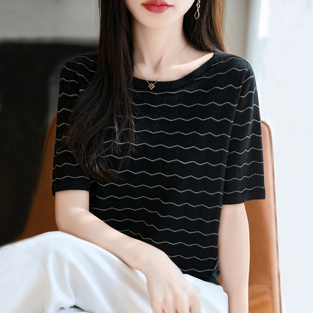 大码女装夏装微胖mm冰丝针织衫女士短袖t恤遮肚子巨显瘦条纹上衣