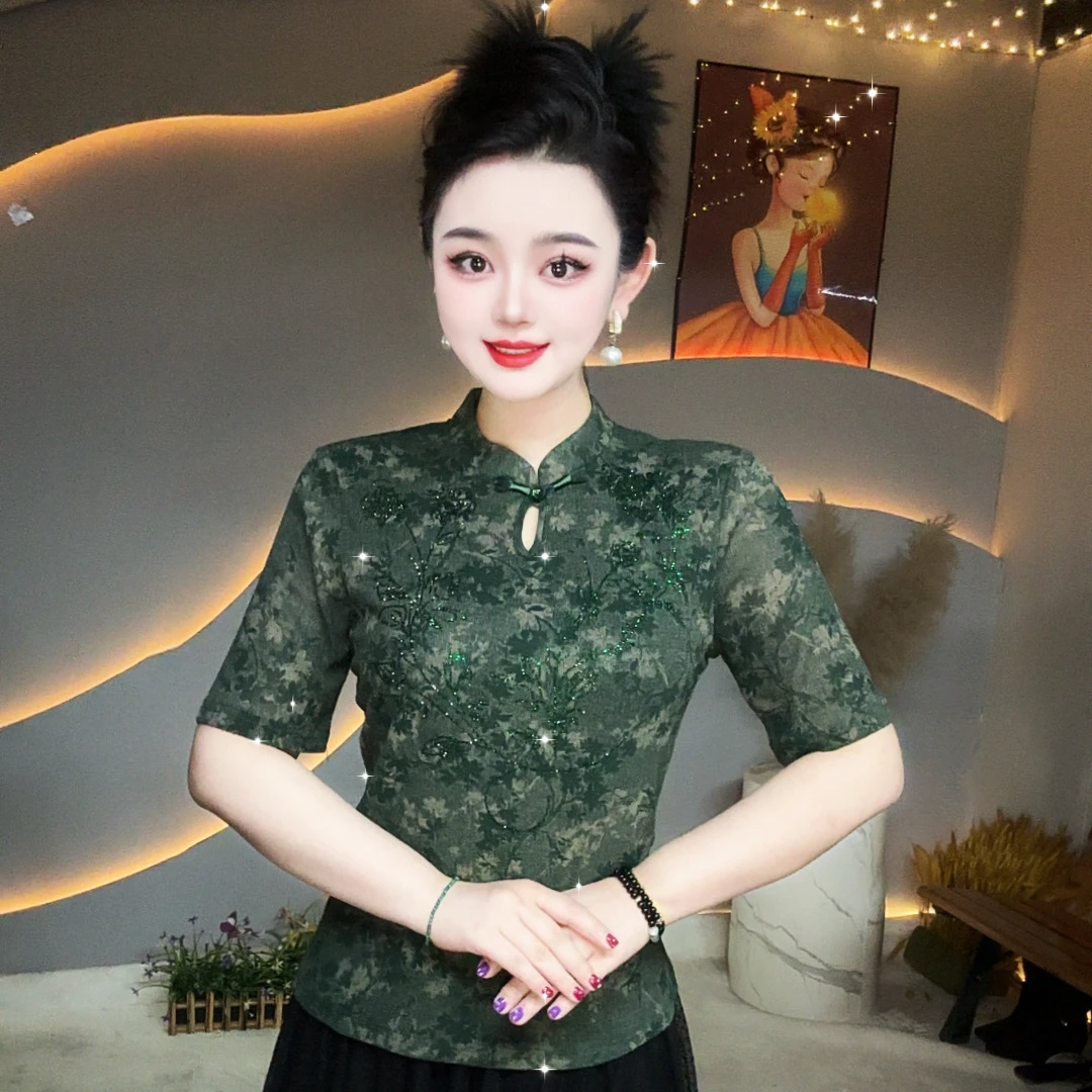 【碎花亮钻】新中式国风旗袍领夏季新款重工短袖打底衫女3076