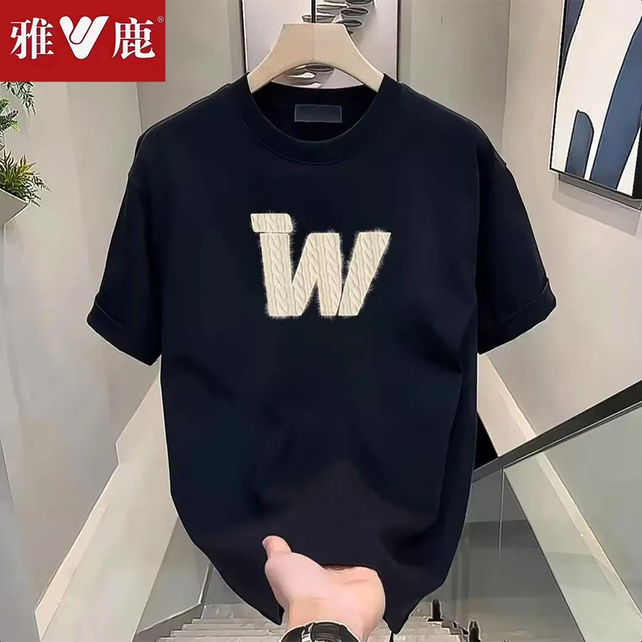 雅鹿重磅纯棉短袖T恤男士夏季新款2025爆款休闲时尚印花圆领T恤