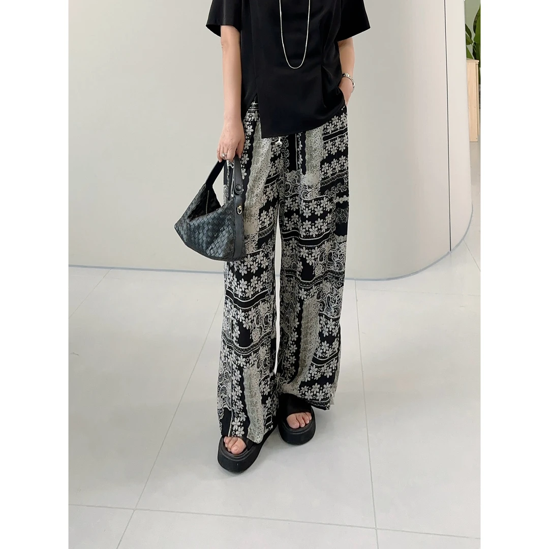 GS显瘦【疏影】度假风阔腿裤夏季薄款黑花纹长裤休闲裤1199