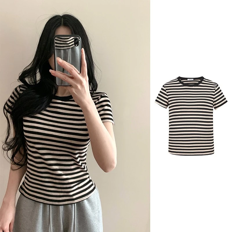 【撞色条纹控~】韩系慵懒小众夏季短袖T恤夏季休闲打底显瘦上衣潮