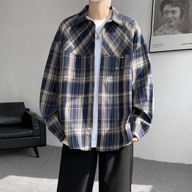 引创2025春季新款美式港风长袖大码宽松休闲痞帅格子休闲衬衫男生
