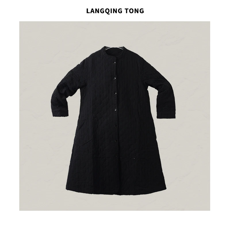 浪清/女装推荐 黑色长款棉外套41337#