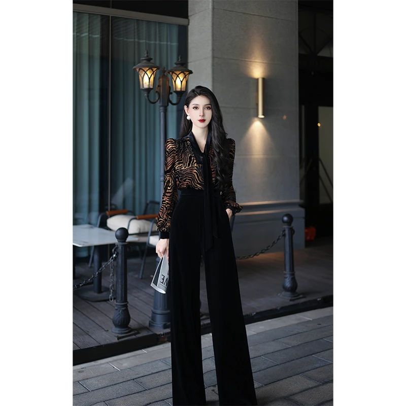 【尤克菲儿】原创设计丝绒拼接连体裤显瘦黑色气质修身轻奢连体裤