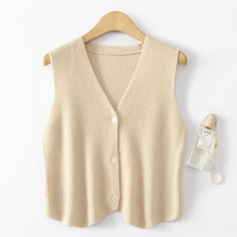 秋冬季100%羊毛马甲女外穿V领纯色短款宽松针织无袖坎肩马夹开衫