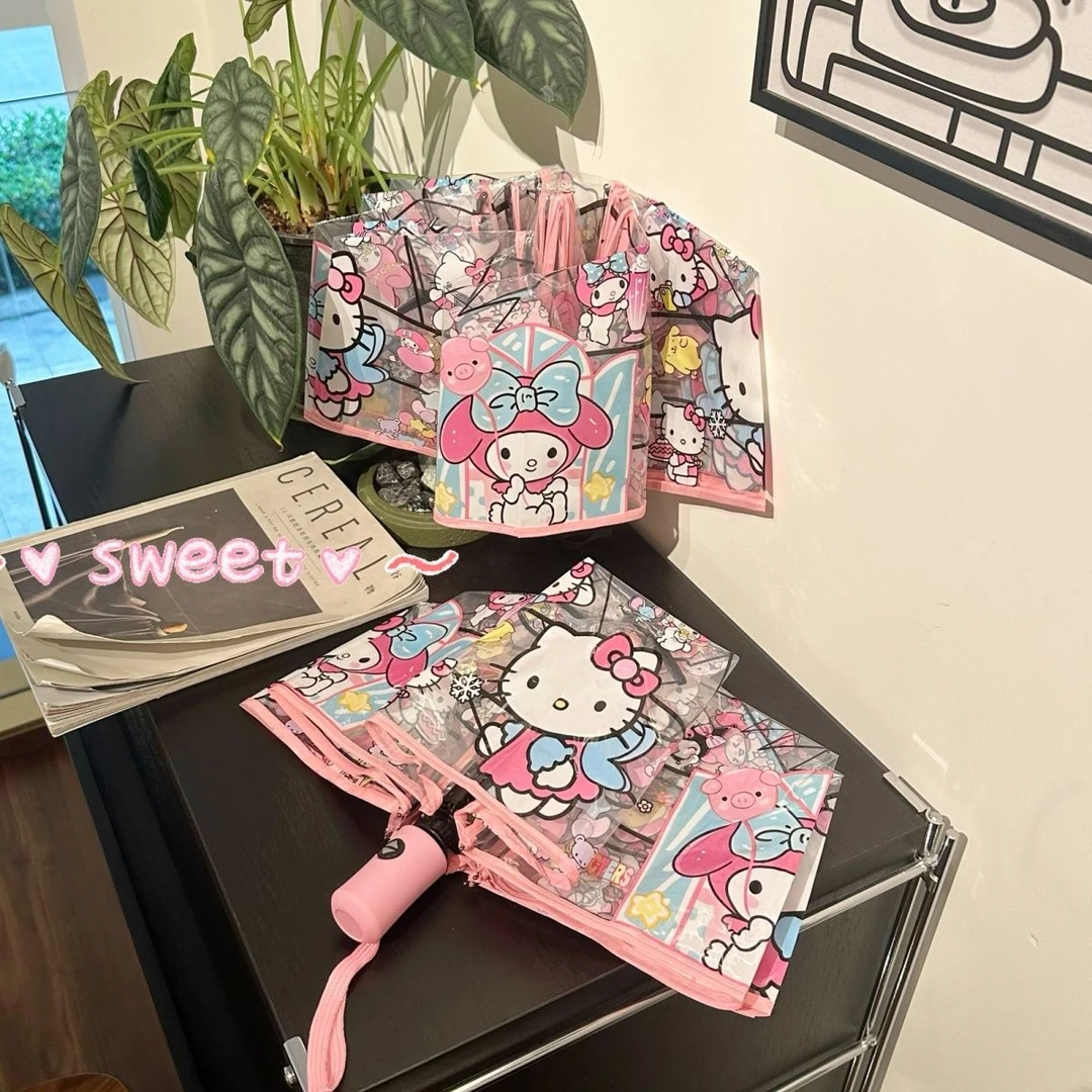 创意k蒂猫透明雨伞折叠ins全自动三折便携加厚抗风女学生