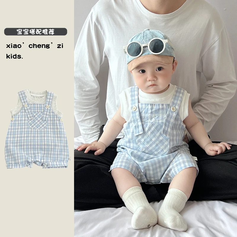 T25X136夏季背带套装儿童洋气连体格子小童韩版薄款【无袖+背带裤】