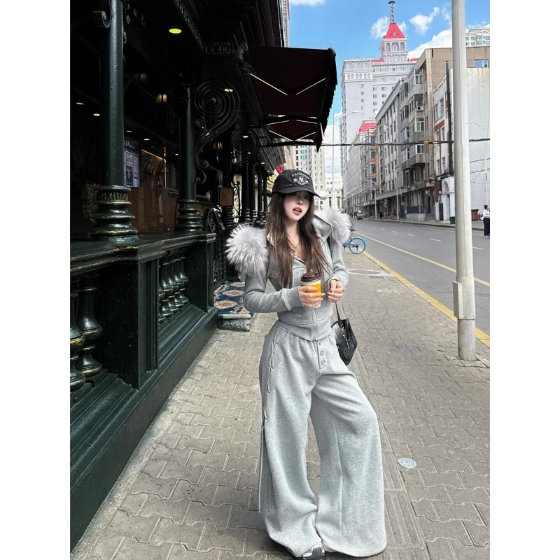 美式灰色大毛领连帽卫衣外套女秋冬短款加绒开衫上衣高腰微喇卫裤