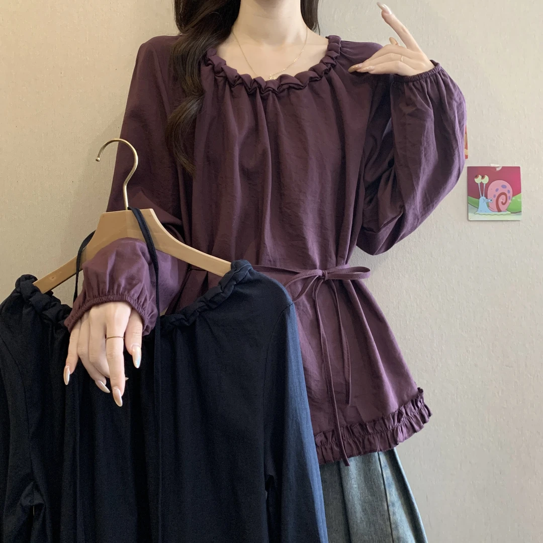 大码女装法式设计感木耳边收腰百搭衬衫胖妹妹遮肚长袖上衣小众