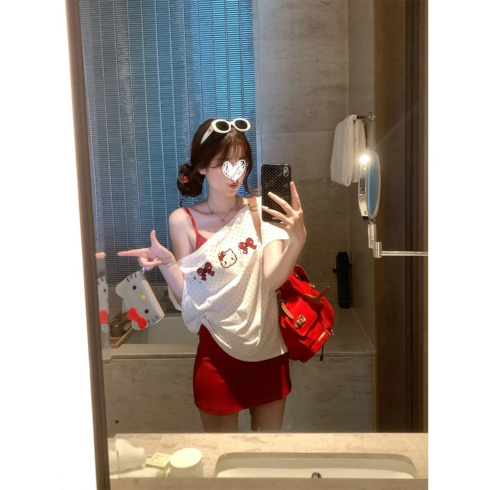 波点短袖T恤女夏季kitty刺绣上衣+红色半裙短裙时尚套装两件套