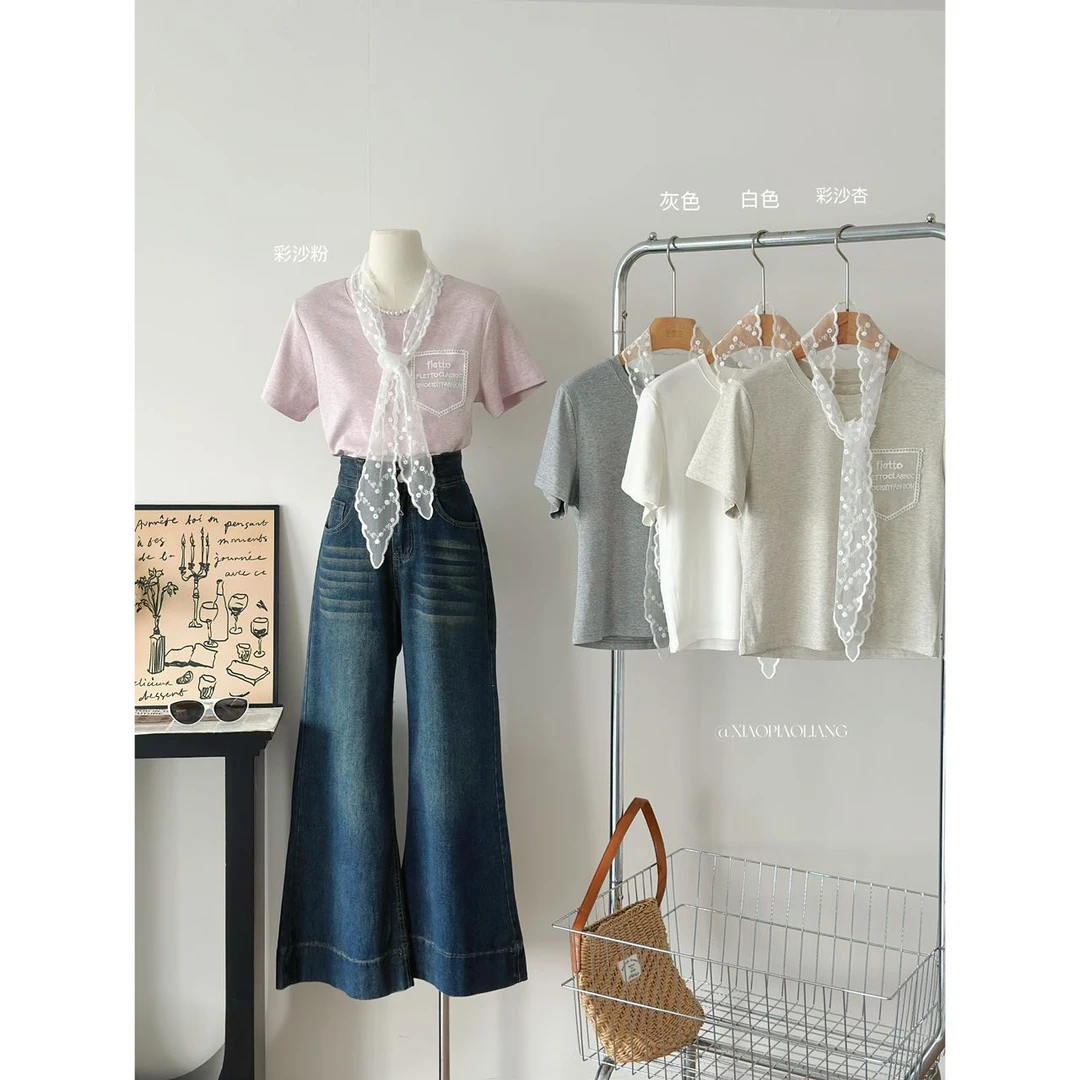 韩版春2025新款纯色上衣修身显瘦短袖T恤女+蕾丝飘带7012#0.1