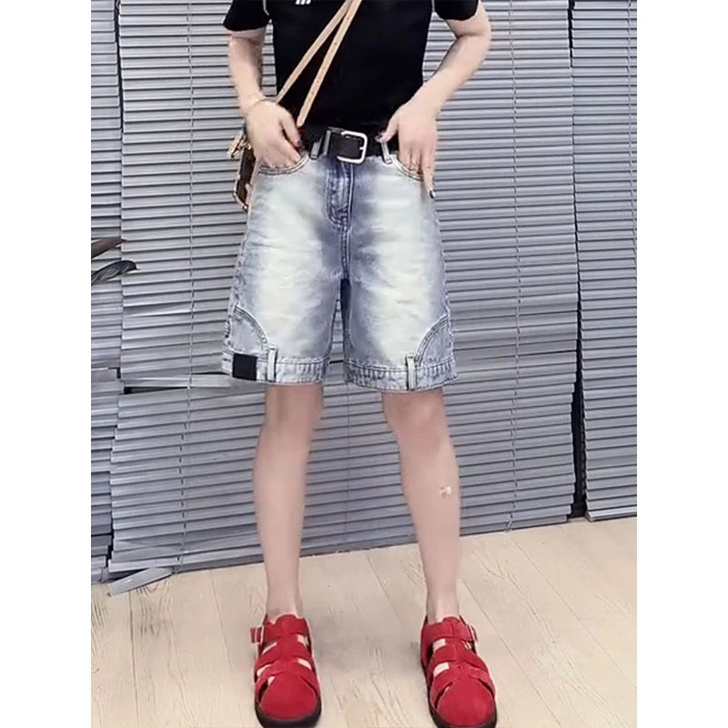 时尚高腰直筒薄款宽松五分破洞2025夏季新款大码百搭显瘦牛仔短裤
