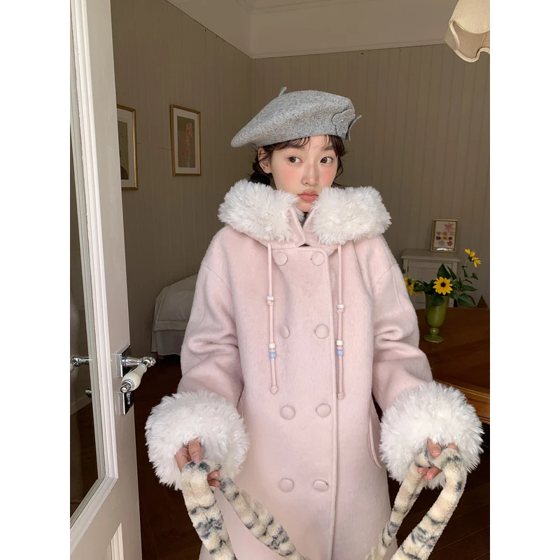Jiang jam/姜姜姜酱甜美温柔粉毛绒连帽串珠绵羊毛毛呢棉服大衣