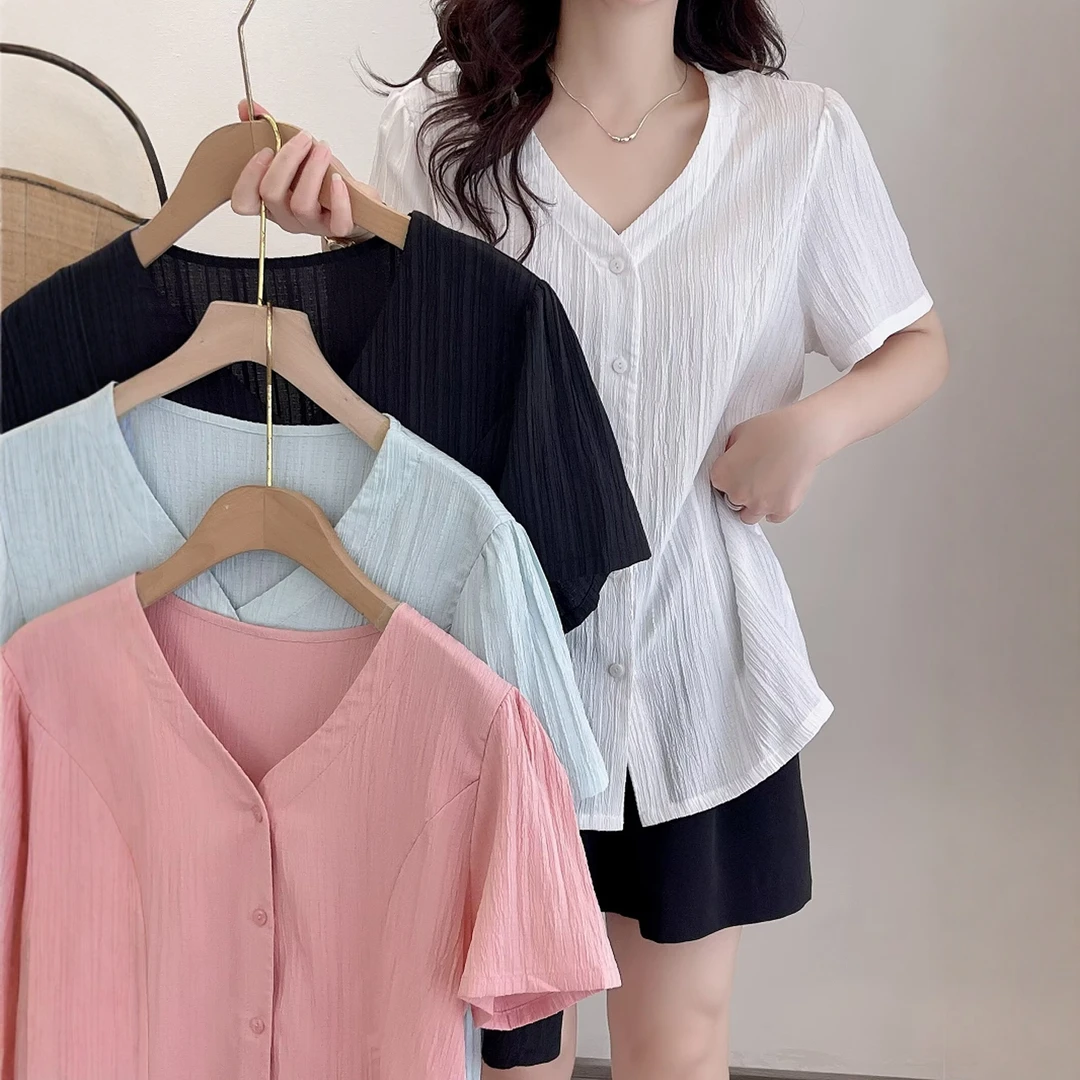 YZ635简约纯色轻职风V领单排扣衬衫大码女装百搭短袖衬衣休闲上衣