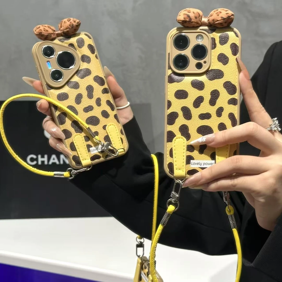 奥菲顿立体豹纹蝴蝶结挂绳适用苹果17气垫手机壳华为vivo小米oppo