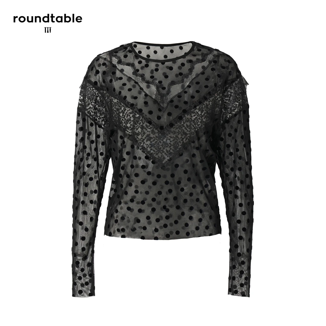 莉小姐Selected【TEW3405518】英伦风-修身套头网纱波点收腰上衣