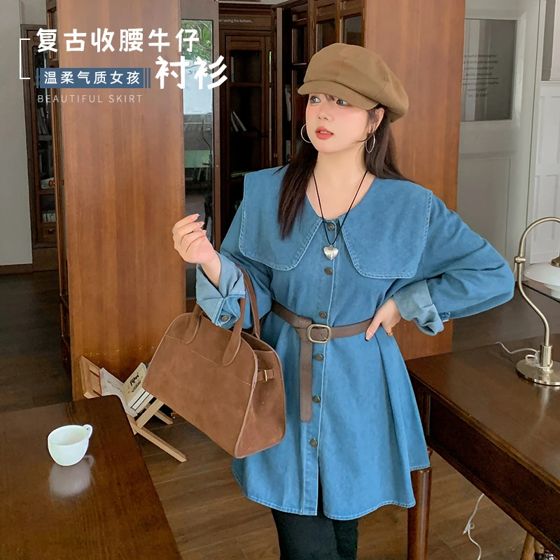 秋季新款胖妹妹大码女装批发韩版复古收腰牛仔衬衫