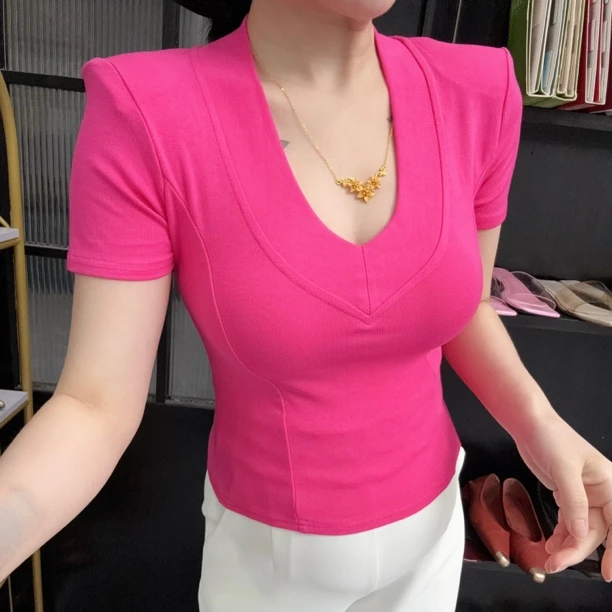 【相老板】精选新品-1652-夏季宽V领修身短袖上衣