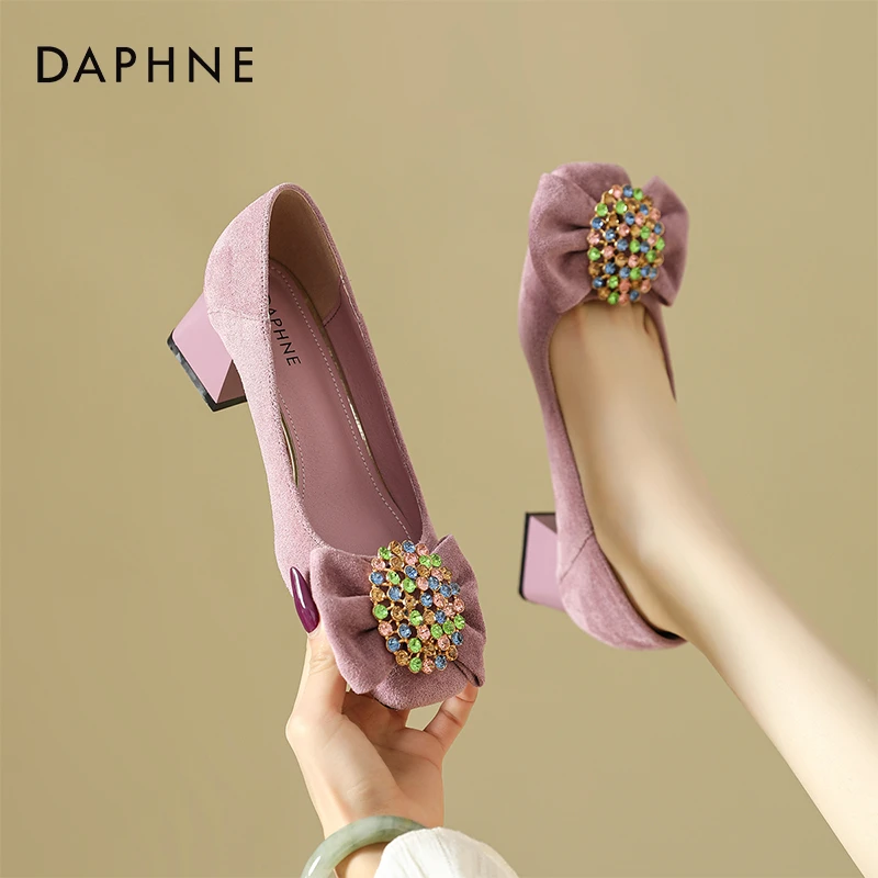 达芙妮2025春季法式浅口粗跟单鞋优雅方头粗跟女士爆款洋气高跟鞋