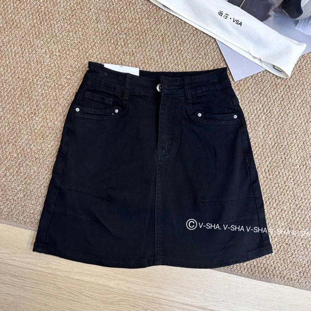 薇莎8282【现货】高弹防走光黑色牛仔短裙