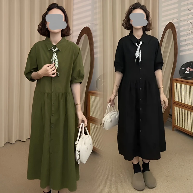 2026夏季新款女装绿色连衣裙宽松收腰显瘦气质休闲百搭中长款裙子