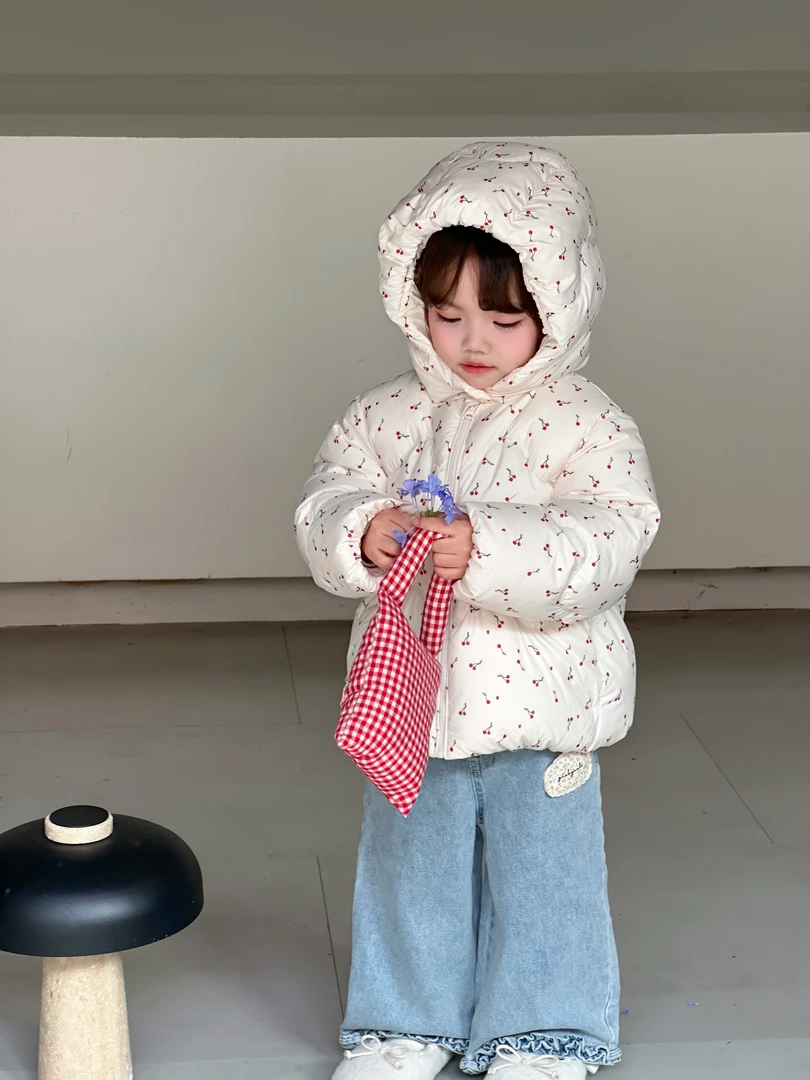 儿童90白鹅绒女童樱桃印花连帽羽绒服甜美保暖可爱宝宝外套063