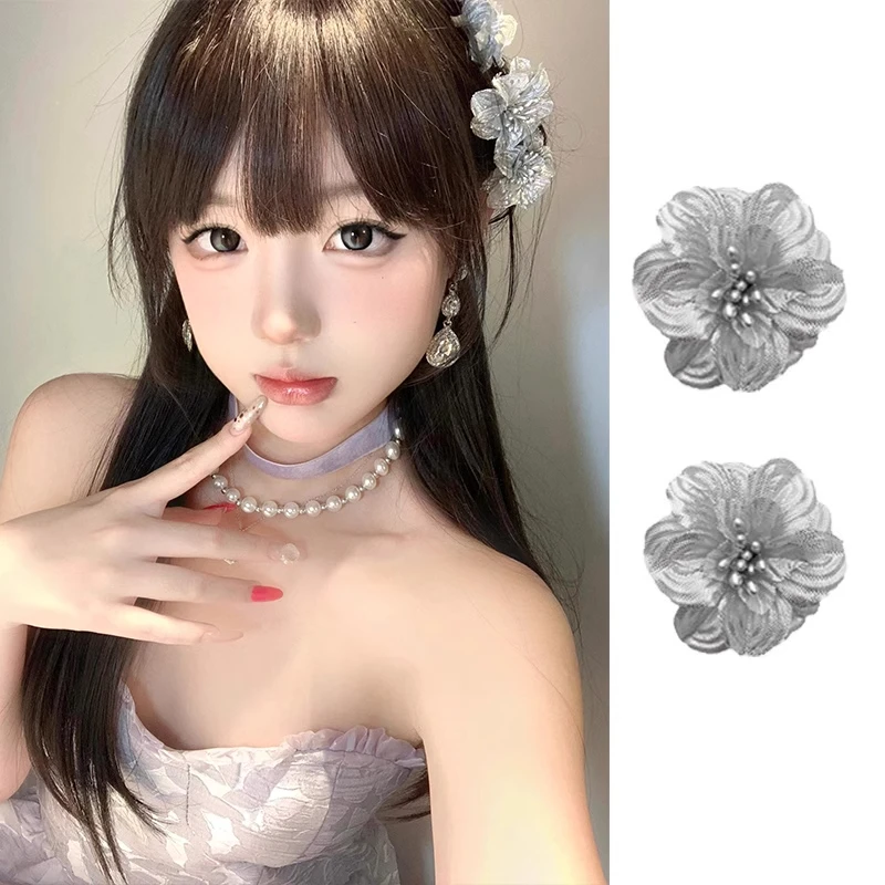 日系甜美银色花朵发夹气质少女感头花侧边夹纯欲风高级感拍照发饰