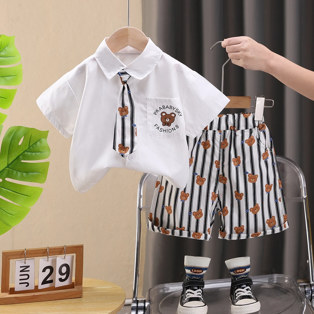 男宝宝夏装套装洋气卡通男童夏季薄款短袖衬衫两件套小童婴儿童装