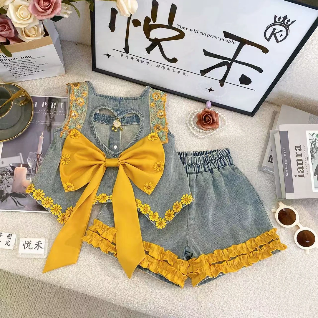 M女孩牛仔套装甜美夏季新款女宝韩版洋气无袖儿童套装80692