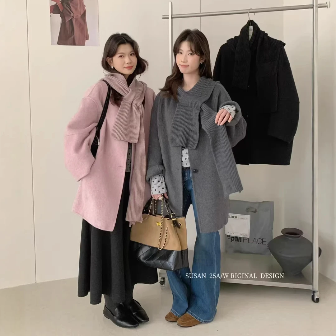 苏珊2025秋冬款宽松休闲中长款韩系双面羊毛大衣外套配围脖963S