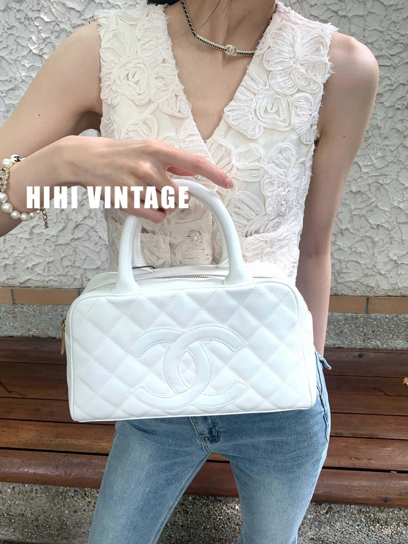 99新 Chanel/香奈儿 HIHI/白色荔枝保龄球手提包小号8开/8160831