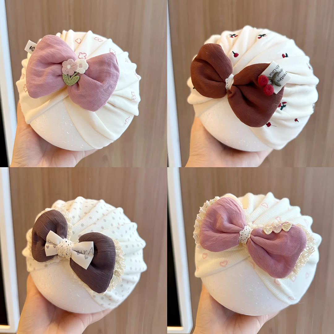 韩版新生儿胎帽可爱蝴蝶结小熊女宝宝帽子春秋季初生婴儿印度帽男