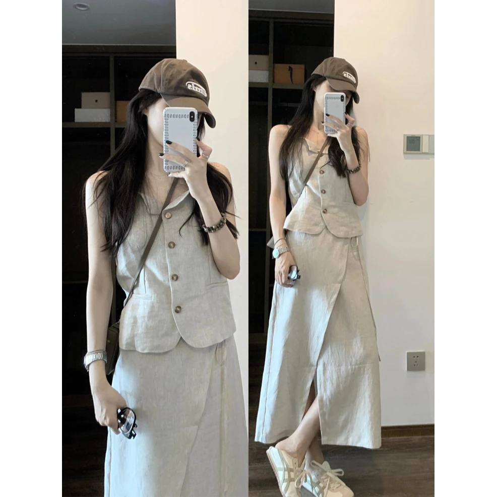 法式马甲套装女夏季新款轻熟风休闲西装无袖上衣宽松显瘦半身裙