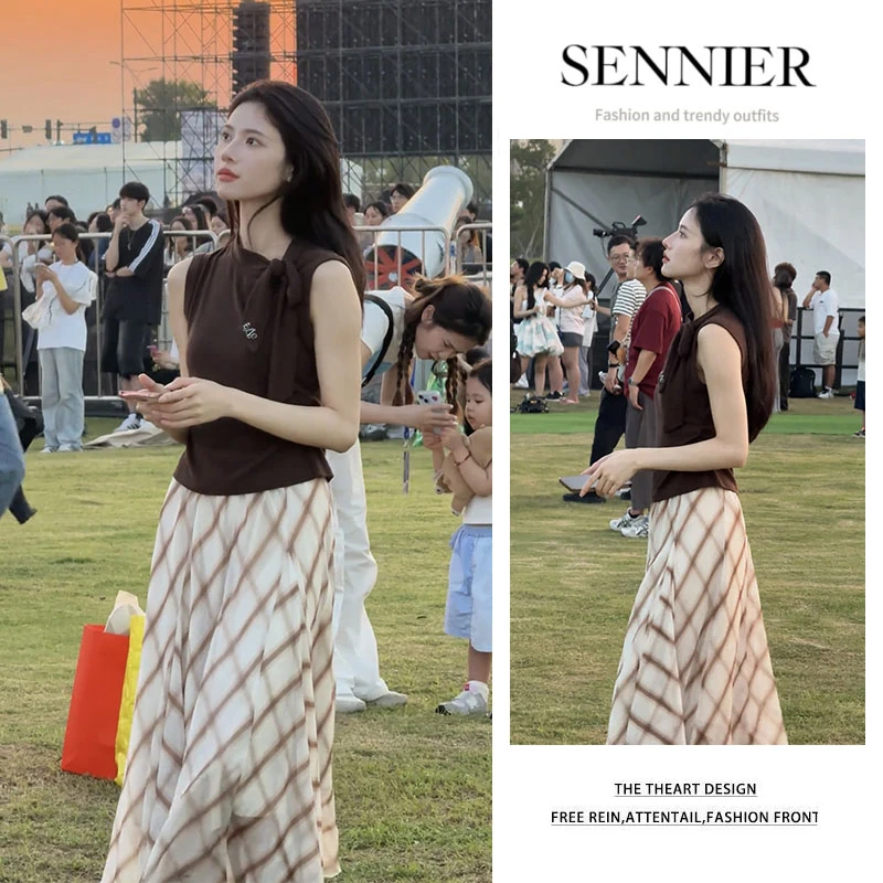 2025夏季新款洋气百搭系带修身无袖上衣显瘦格纹高腰半身裙两件套