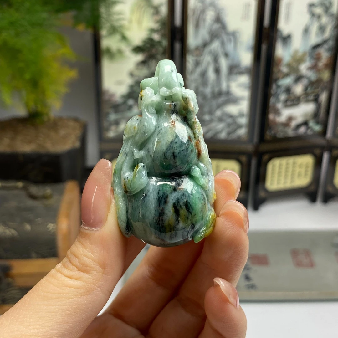 飘绿多彩葫芦龙凤挂件 天然翡翠A货